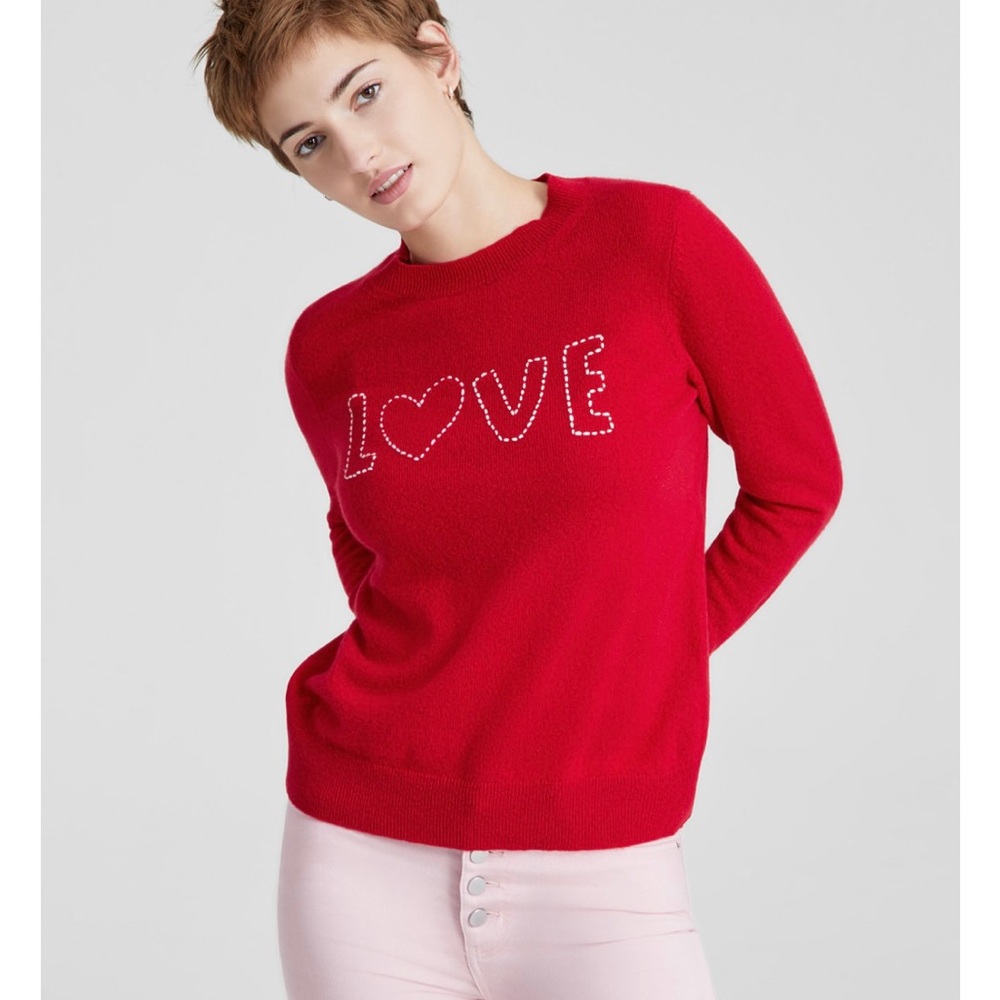 100% Cashmere Red Love Women's Petite Love EmbroideredCrewneck Sweater,Size PS